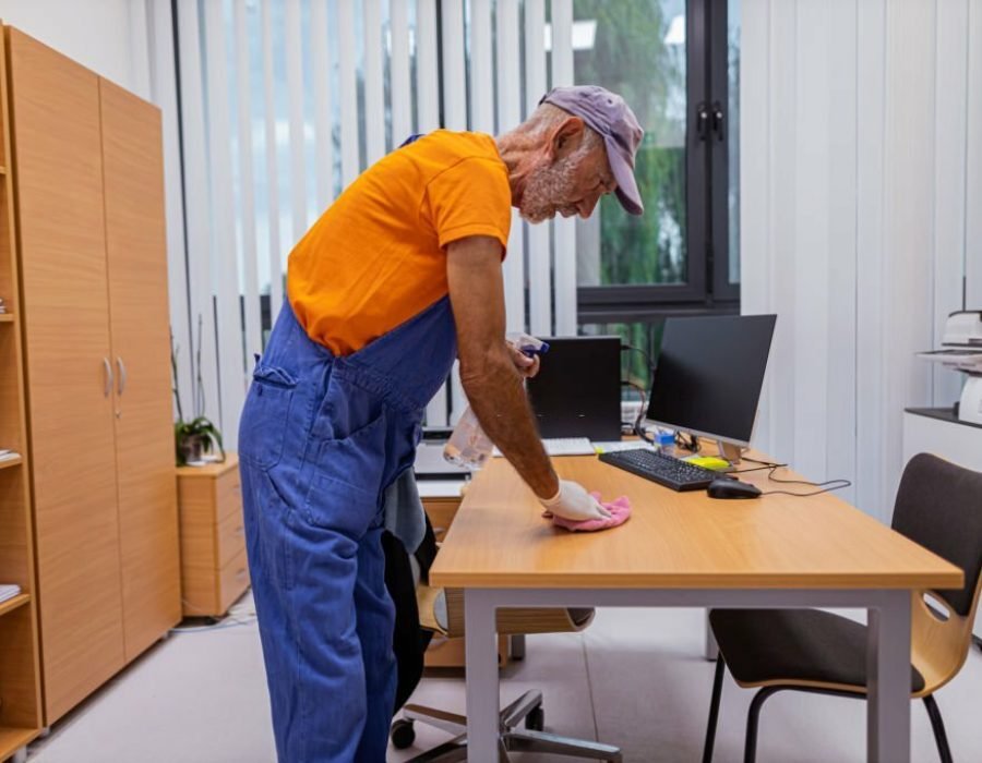 A shot of the trained school cleaner, spraying and wiping the furniture at the office.